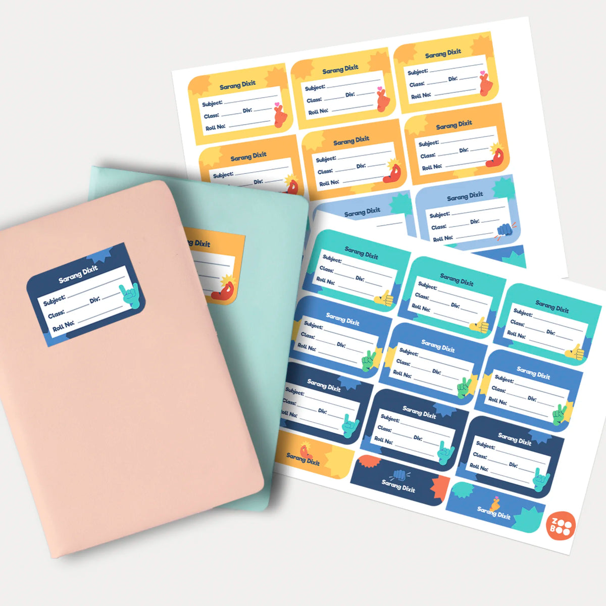 set of 18, non tearable, waterproof labels, name slips for school notebooks, textbooks.