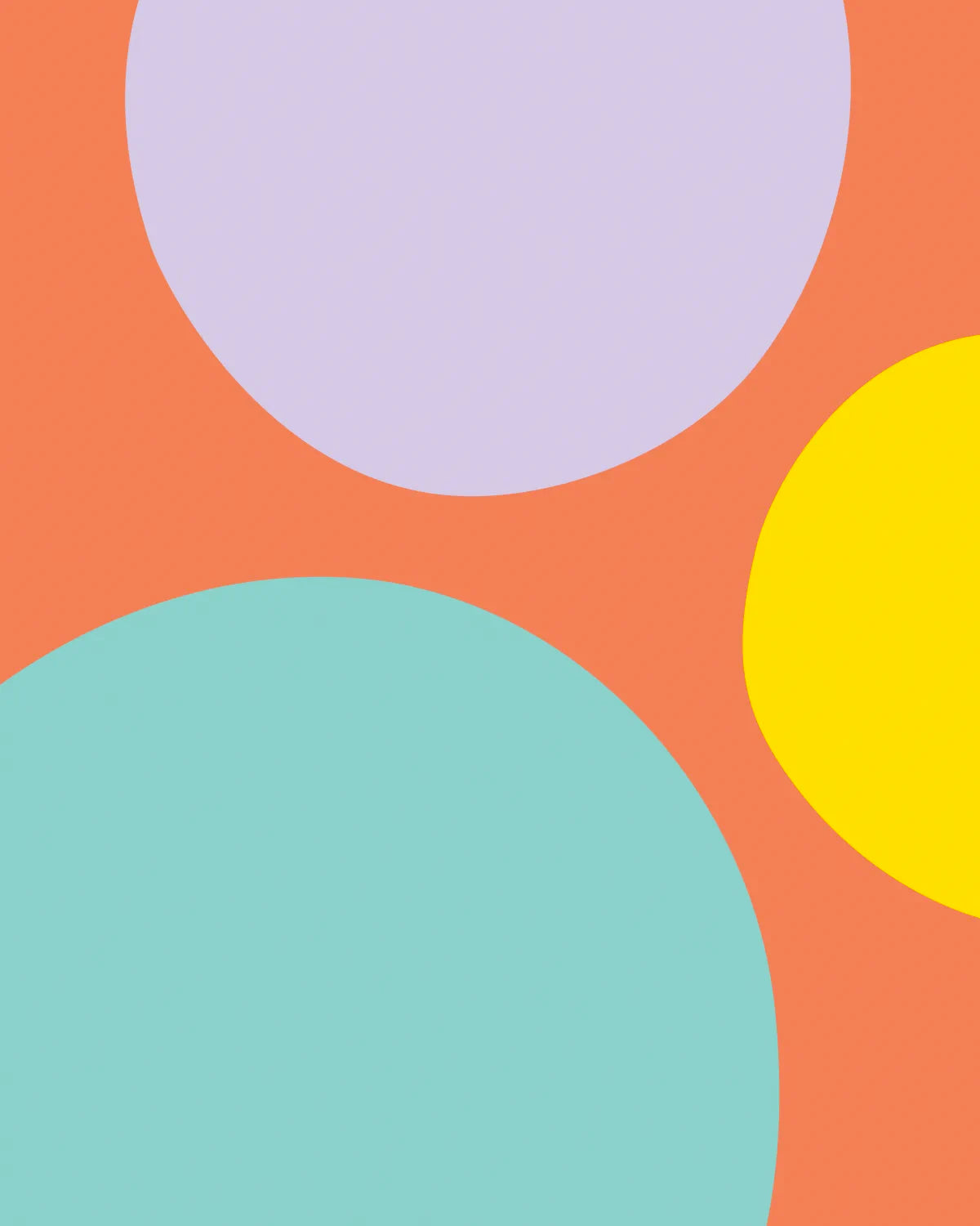 Abstract geometric artwork with large overlapping circles in lavender, teal, and yellow on a coral-orange background.