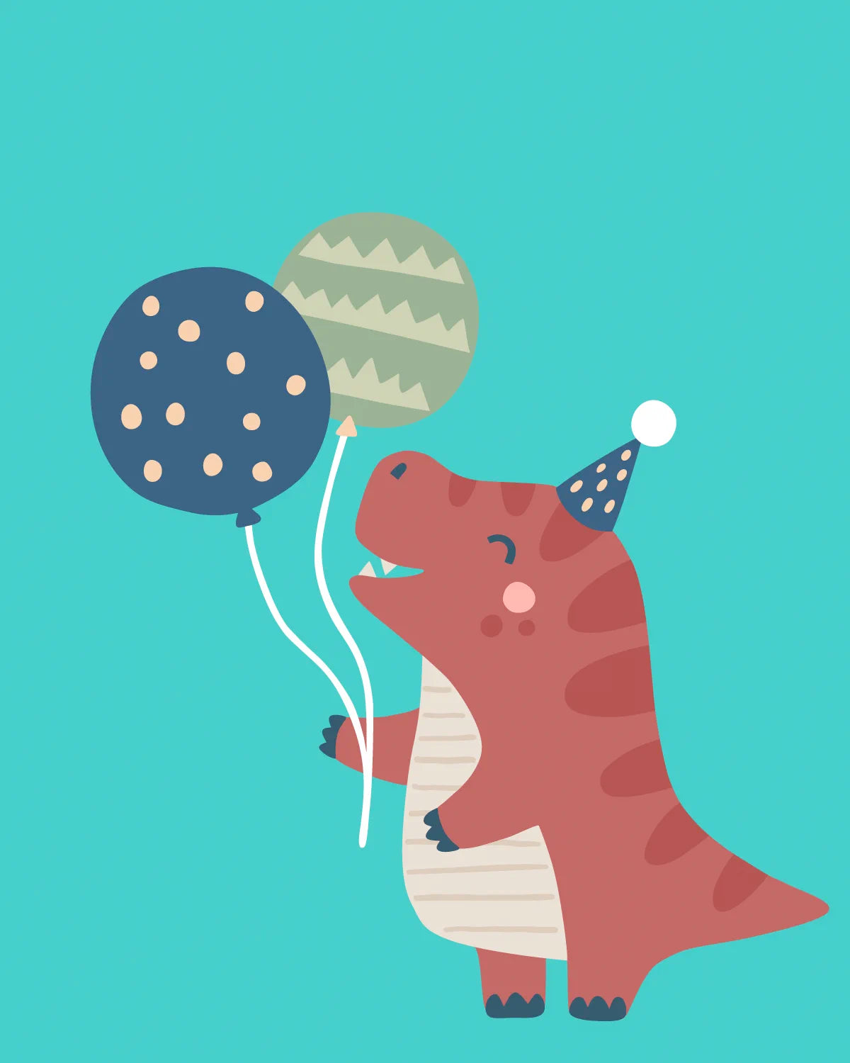 A cute cartoon dinosaur holding two balloons against a solid teal background. The dinosaur is reddish-brown with a cream belly and wears a navy party hat with white dots.