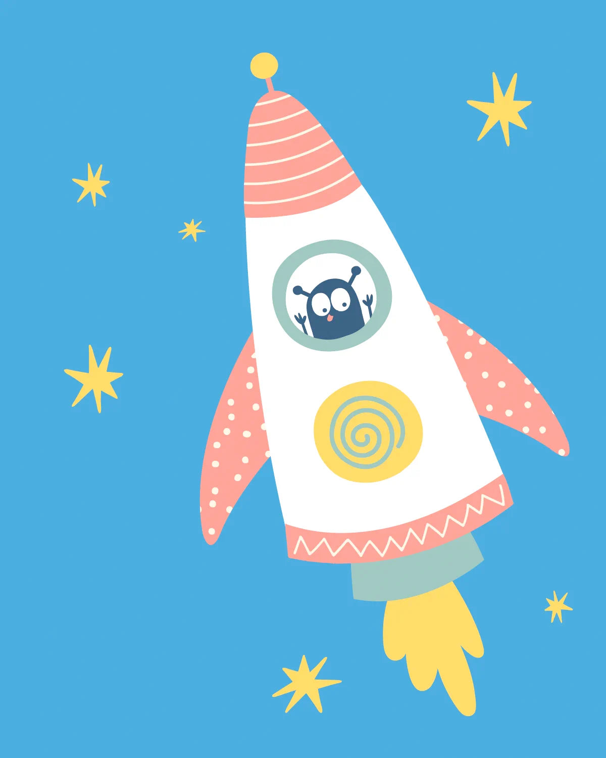 A whimsical cartoon rocket ship illustration on a bright blue background with yellow stars. The rocket is white with pink striped fins and base, a yellow spiral emblem, a gray window with a dark blue alien peeking out, and yellow flames at the bottom.