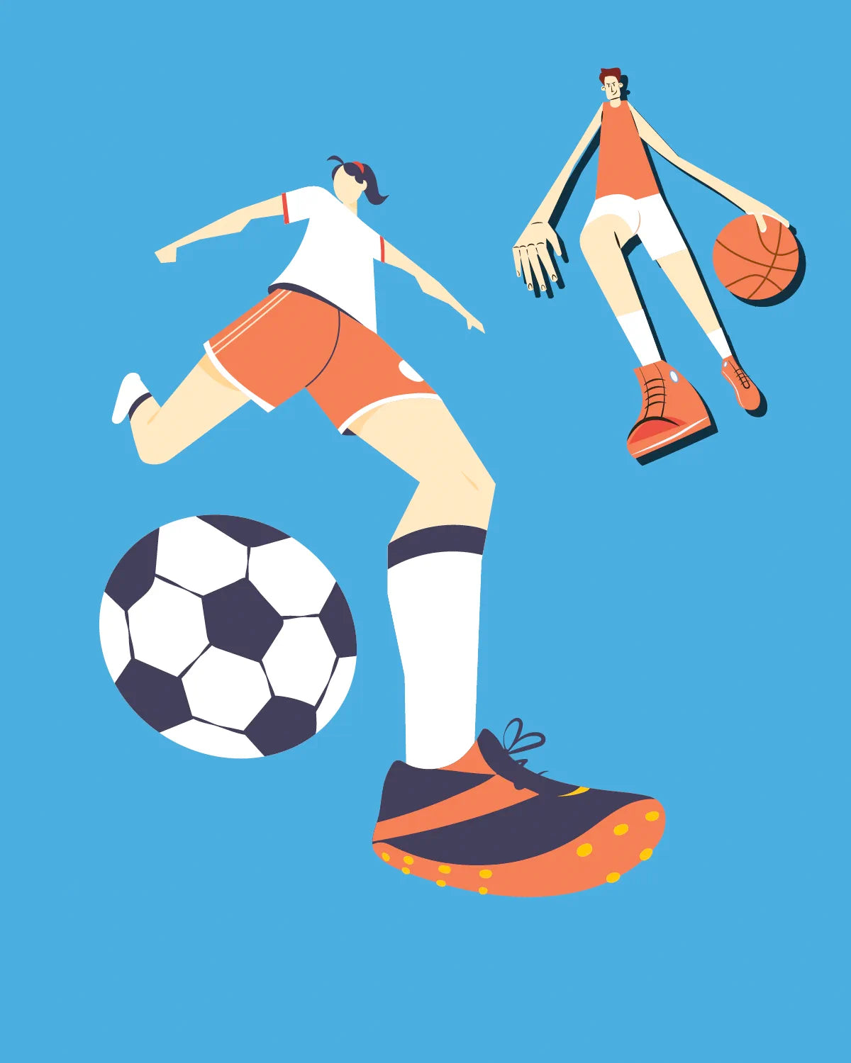 One soccer, football player kicking a black-and-white soccer ball, and one basketball player dribbling an orange basketball. football, basketball, sports, cricket, pickleball