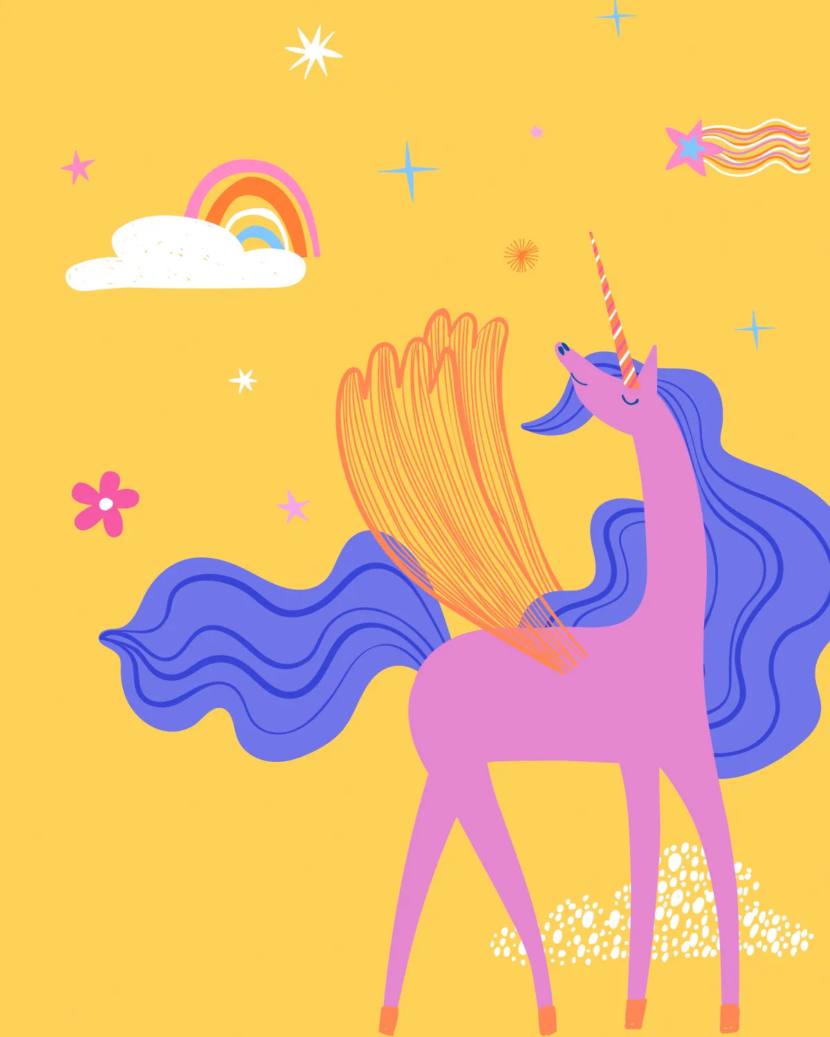 A whimsical vector illustration of a pink unicorn with a blue mane and tail, orange wings, and a striped horn, set against a bright yellow background decorated with stars, a rainbow, and flowers.