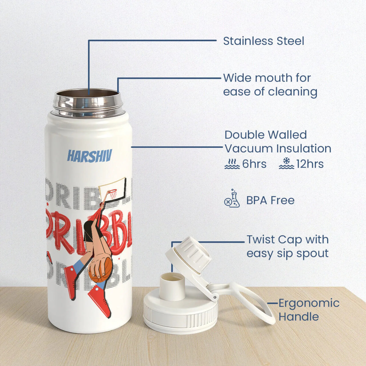 Personalised Basketball Fever Boy Insulated Water Bottle (Hydro) 600 ML - image 6