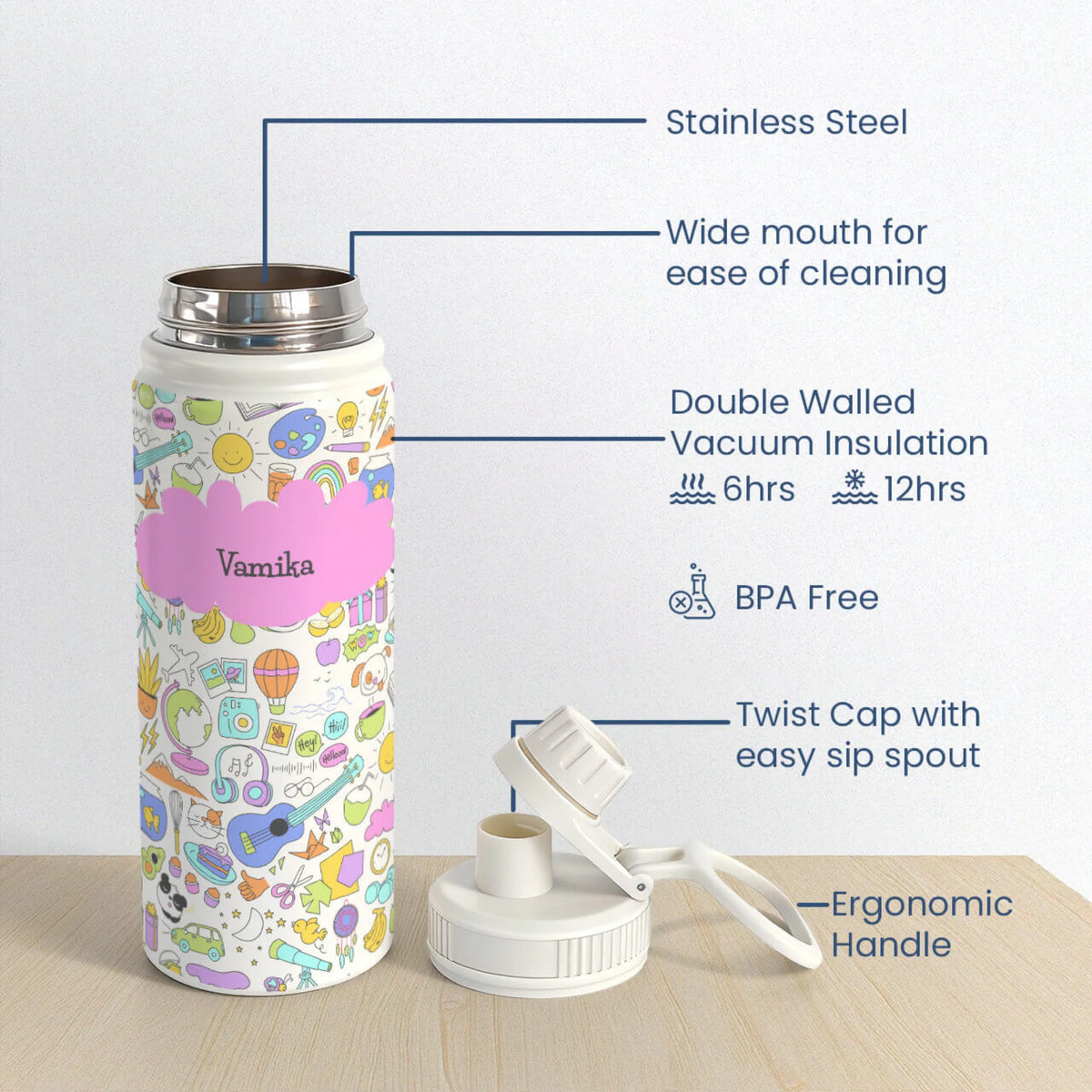Personalised Doodle Fun Insulated Water Bottle (Hydro) 600 ML - image 6