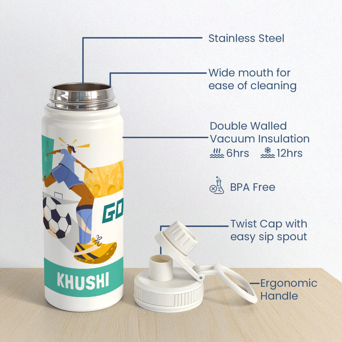 Personalised Football Goals Girl Insulated Water Bottle (Hydro) 600 ML - image 6