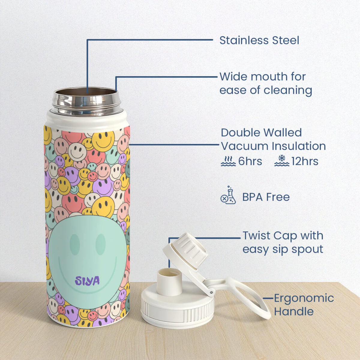 Personalised Smiley Day Insulated Water Bottle (Hydro) 600 ML - image 6