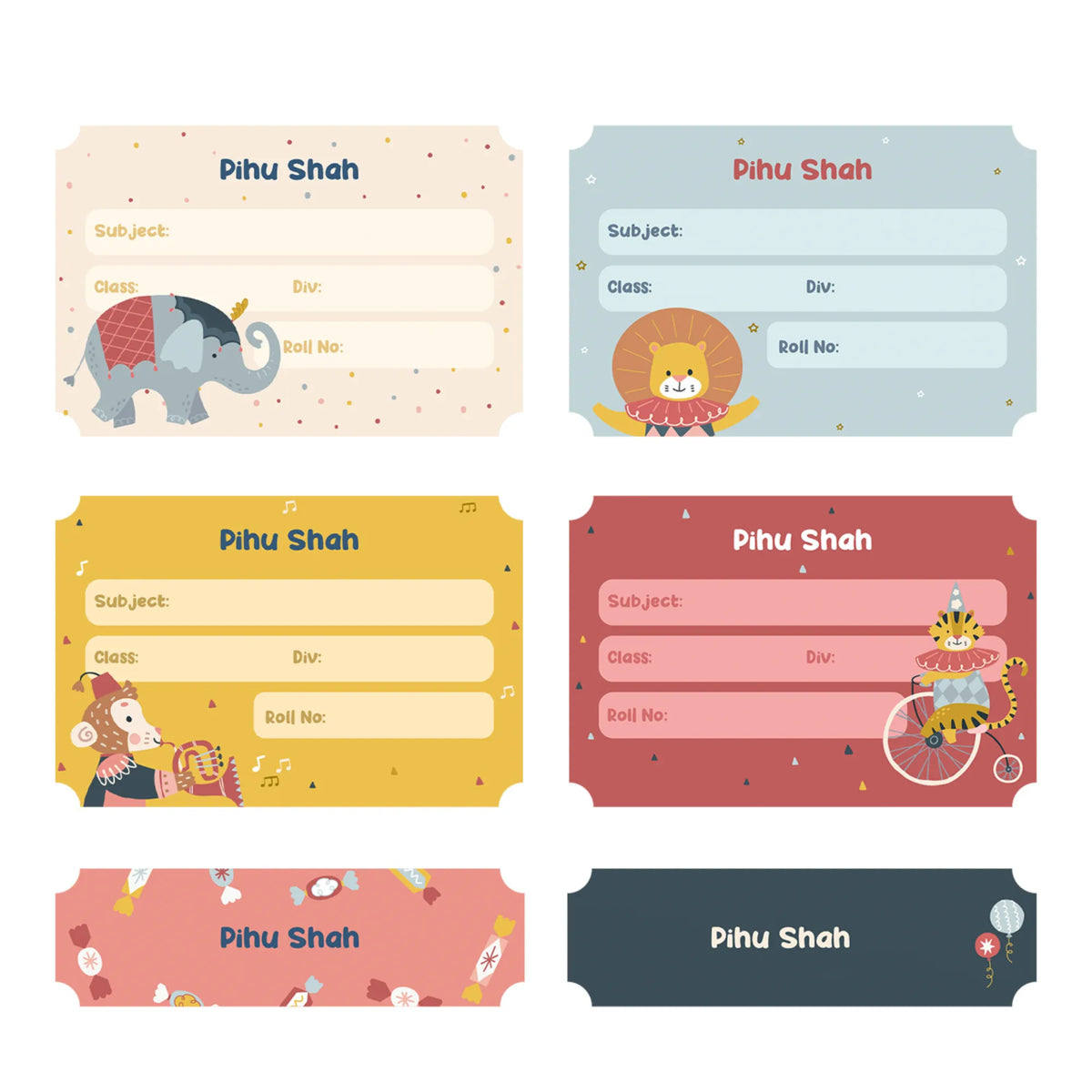 Personalised Animal Circus Name Slips for School Books (Set of 24) - image 1