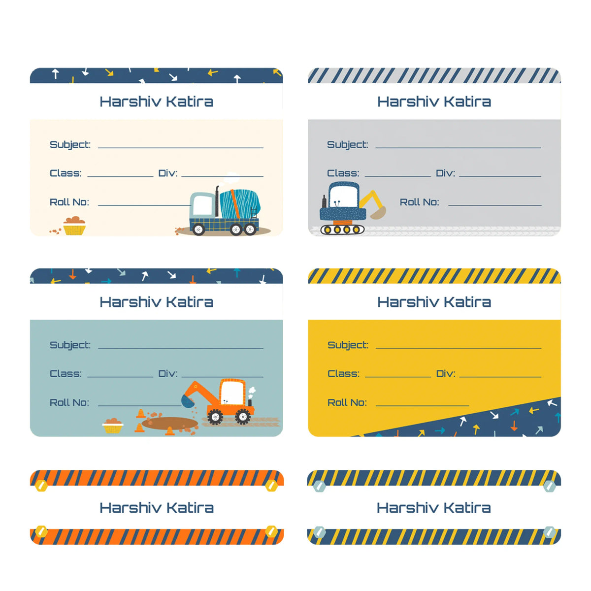 Personalised Construction Site Name Slips for School Books (Set of 24) - image 1