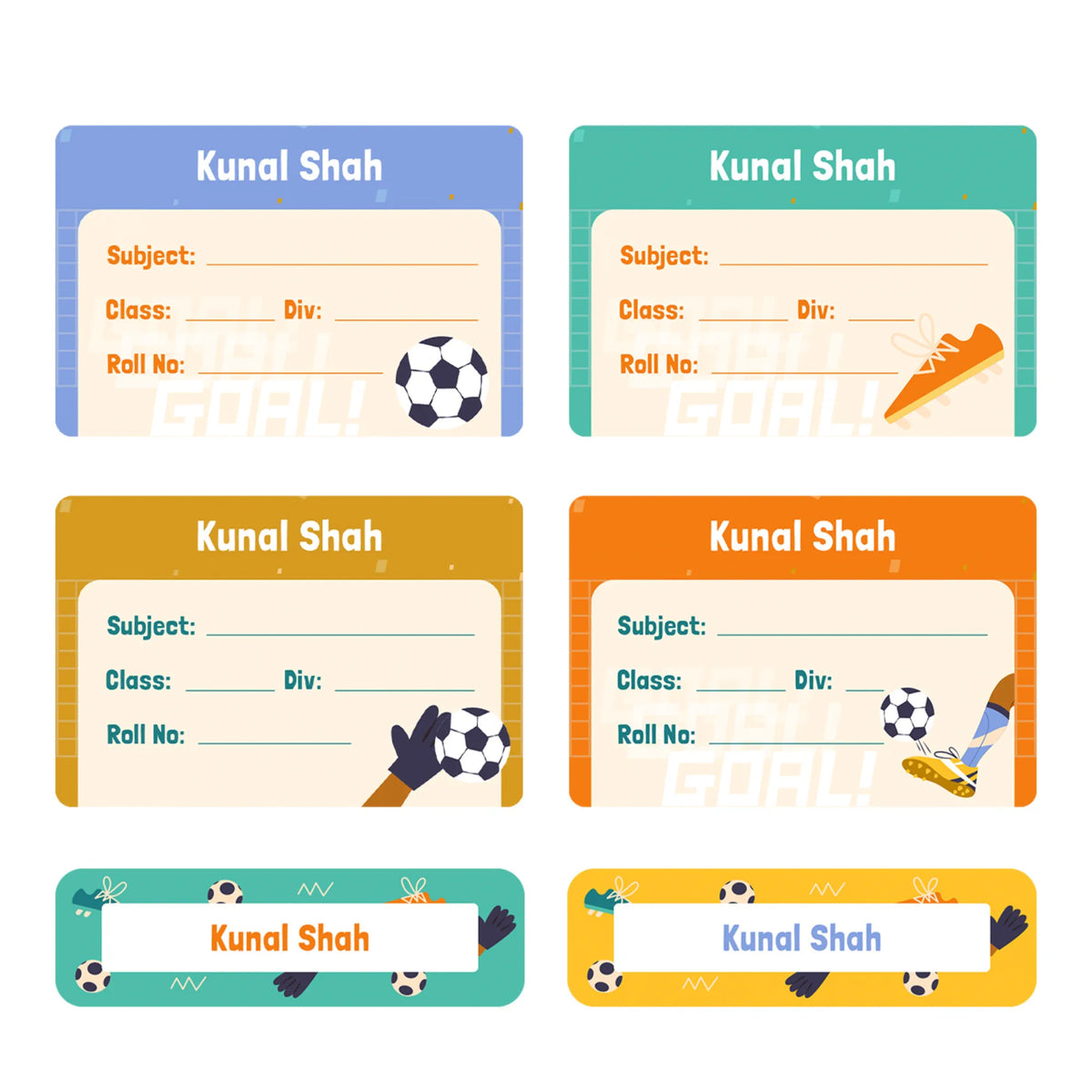 Personalised Football Goals Boy Name Slips for School Books (Set of 24) - image 1